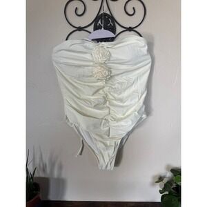 NEW Creamy white one piece swim suit flowers and ruching in the front Size XL